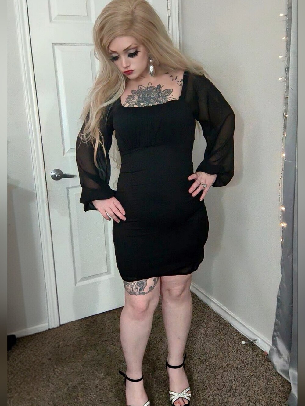 Altar'd State Size M Black Square Neck Sheer Sleeve Mini Dress